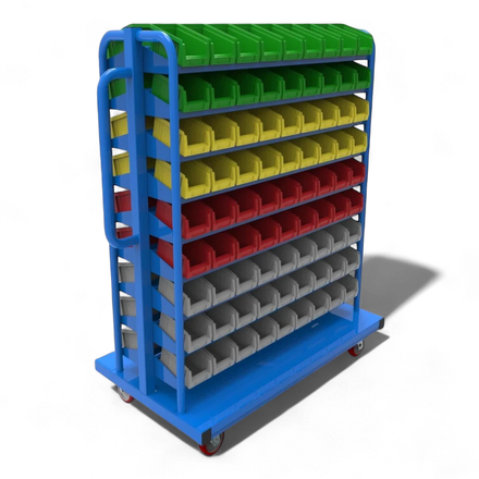Kompakt-Rollwagen für Sichtlagerkästen - Schmale Bauform für enge Gänge, ideal für Werkstätten und Lager.