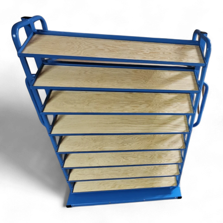 Kompakt-Rollwagen für Sichtlagerkästen - Schmale Bauform für enge Gänge, ideal für Werkstätten und Lager.