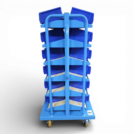 Kompakt-Rollwagen für Sichtlagerkästen - Schmale Bauform für enge Gänge, ideal für Werkstätten und Lager.