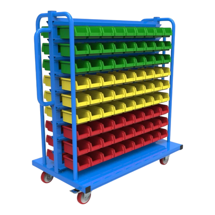 Kompakt-Rollwagen für Sichtlagerkästen - Schmale Bauform für enge Gänge, ideal für Werkstätten und Lager.