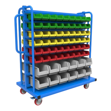 Kompakt-Rollwagen für Sichtlagerkästen - Schmale Bauform für enge Gänge, ideal für Werkstätten und Lager.
