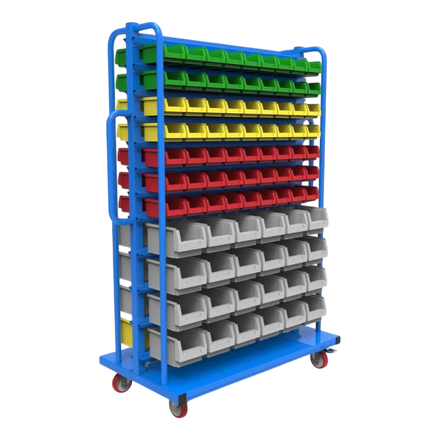 Kompakt-Rollwagen für Sichtlagerkästen - Schmale Bauform für enge Gänge, ideal für Werkstätten und Lager.