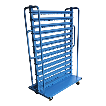 Kompakt-Rollwagen für Sichtlagerkästen - Schmale Bauform für enge Gänge, ideal für Werkstätten und Lager.