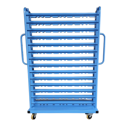 Kompakt-Rollwagen für Sichtlagerkästen - Schmale Bauform für enge Gänge, ideal für Werkstätten und Lager.
