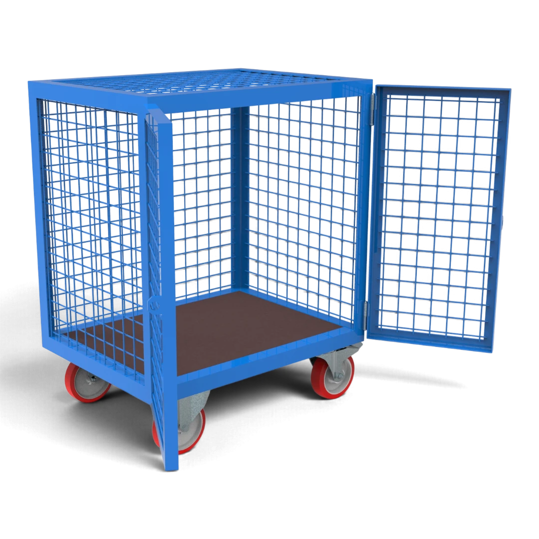 Schrankwagen Gitter mit geöffneter Tür – Siebdruckplatte als Boden, rundum Drahtgitter 50x50 mm