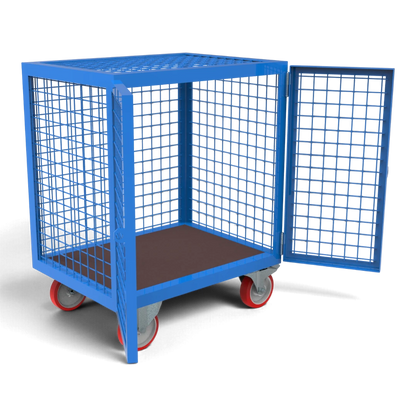 Schrankwagen Gitter mit geöffneter Tür – Siebdruckplatte als Boden, rundum Drahtgitter 50x50 mm