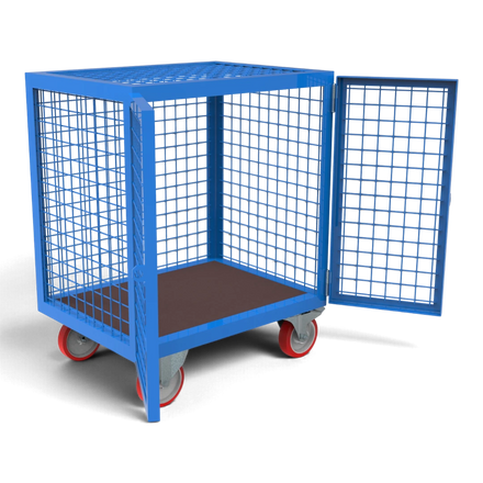 Schrankwagen Gitter mit geöffneter Tür – Siebdruckplatte als Boden, rundum Drahtgitter 50x50 mm