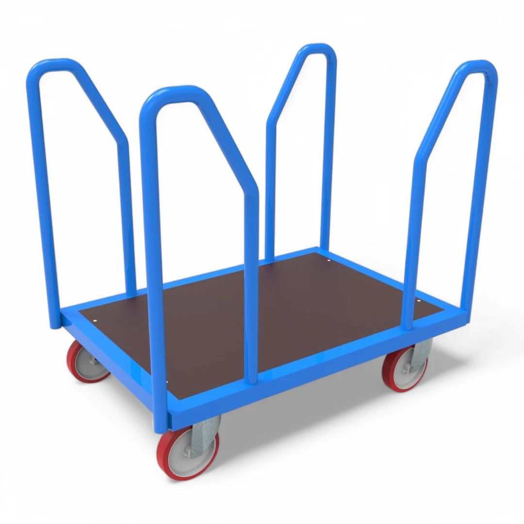 Seitenbügelwagen für Industrie, Lager & Werkstatt. Optimal für den Transport von langen Teilen. Robuster Plattformwagen mit Traglast bis 1000 kg.