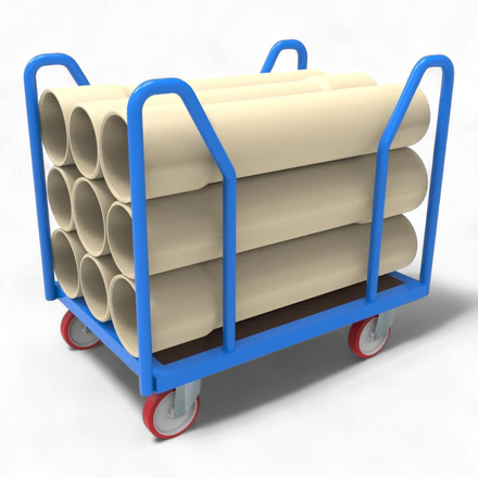 Seitenbügelwagen für Industrie, Lager & Werkstatt. Optimal für den Transport von langen Teilen. Robuster Plattformwagen mit Traglast bis 1000 kg.