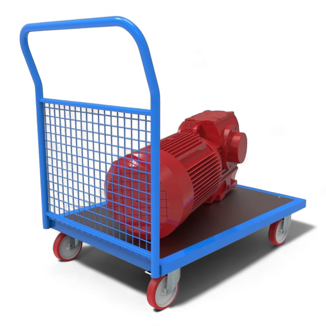 Plattformwagen mit Gitter-Stirnwand - Stabiler Stahlrahmen mit Schutzgitter. Bis 1000 kg Traglast, 4 Lenkrollen.