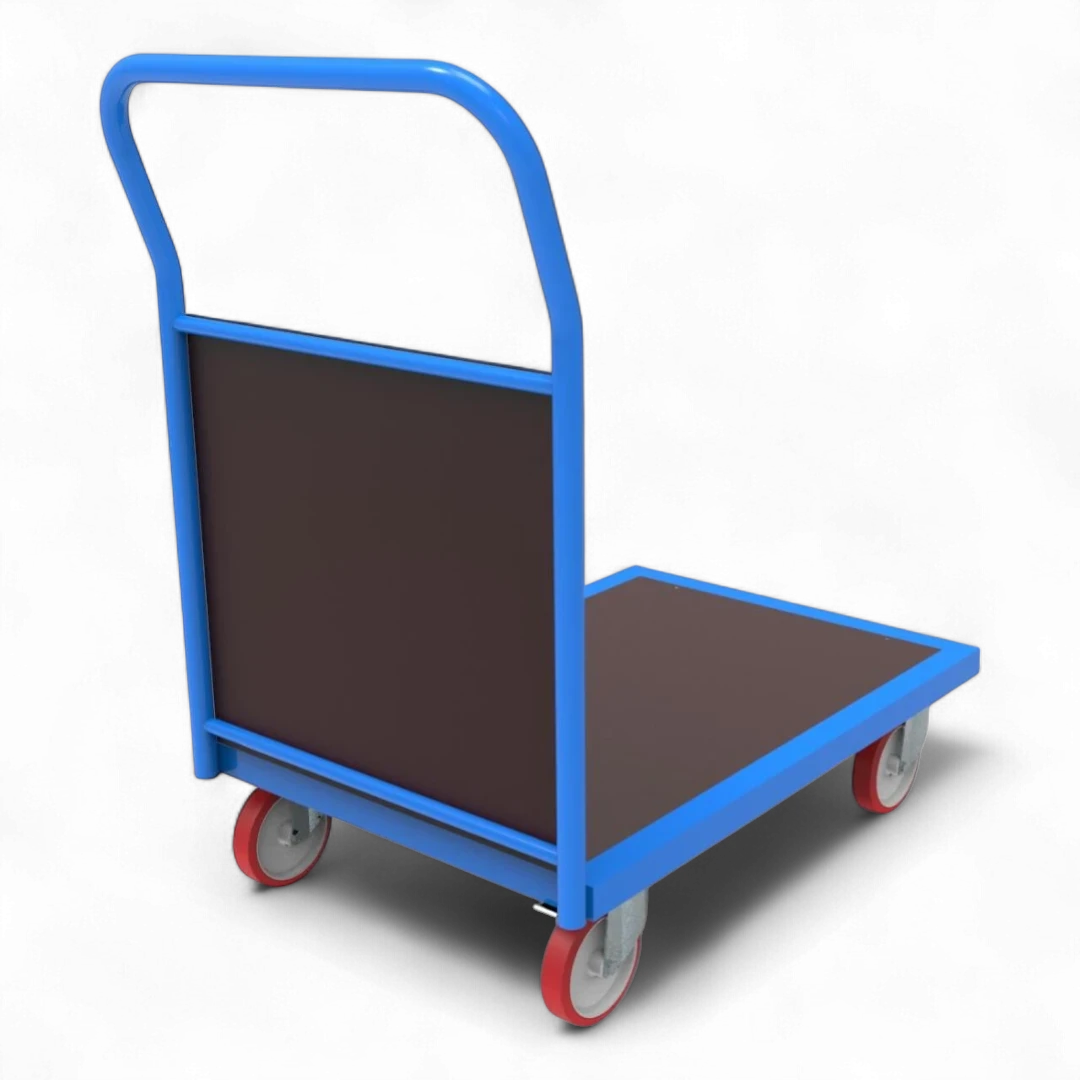 Plattformwagen mit Holz-Stirnwand - Stabiler Stahlrahmen mit Schutzgitter. Bis 1000 kg Traglast, 4 Lenkrollen.