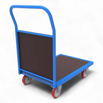 Plattformwagen mit Holz-Stirnwand - Stabiler Stahlrahmen mit Schutzgitter. Bis 1000 kg Traglast, 4 Lenkrollen.