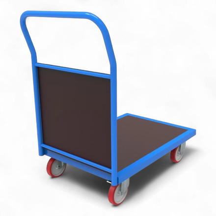 Plattformwagen mit Holz-Stirnwand - Stabiler Stahlrahmen mit Schutzgitter. Bis 1000 kg Traglast, 4 Lenkrollen.