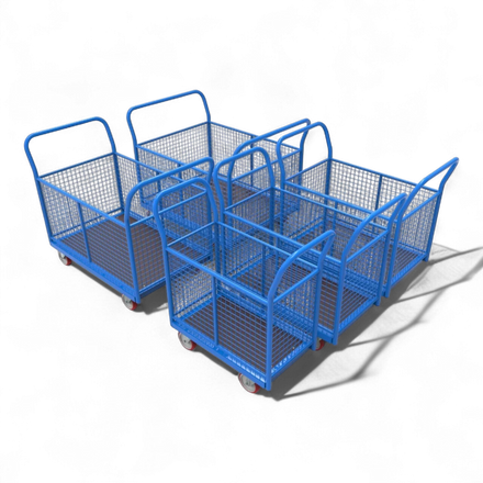 Vierwandwagen mit stabilen Gitterwänden – Sicherer Transportwagen mit vier Seiten aus Gitter für optimalen Ladungsschutz. Ideal für Lager und Industrie.
