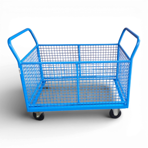 Vierwandwagen mit stabilen Gitterwänden – Sicherer Transportwagen mit vier Seiten aus Gitter für optimalen Ladungsschutz. Ideal für Lager und Industrie.