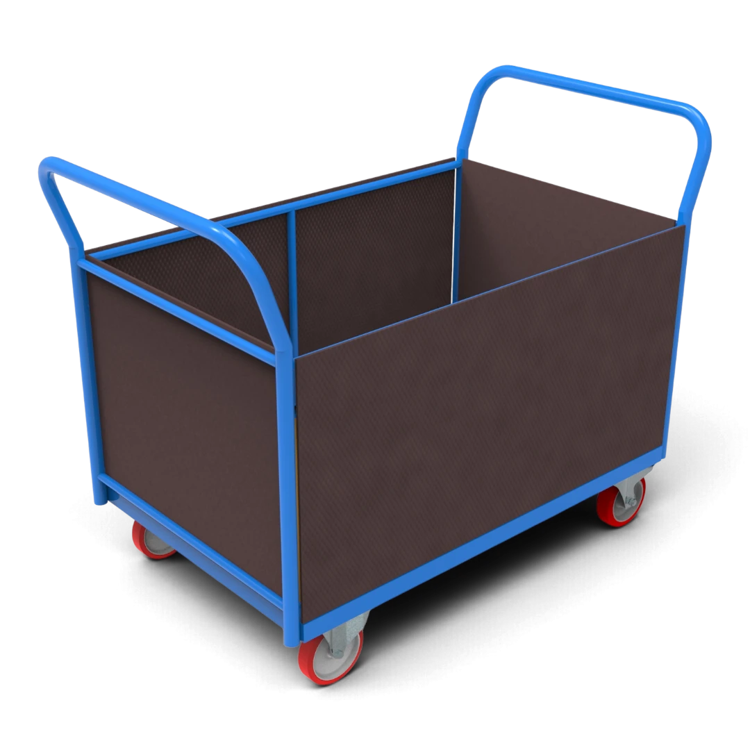 Vierwandwagen mit stabilen Holzwänden – Sicherer Transportwagen mit vier Seiten aus Siebdruckplatte für optimalen Ladungsschutz. Ideal für Lager und Industrie.