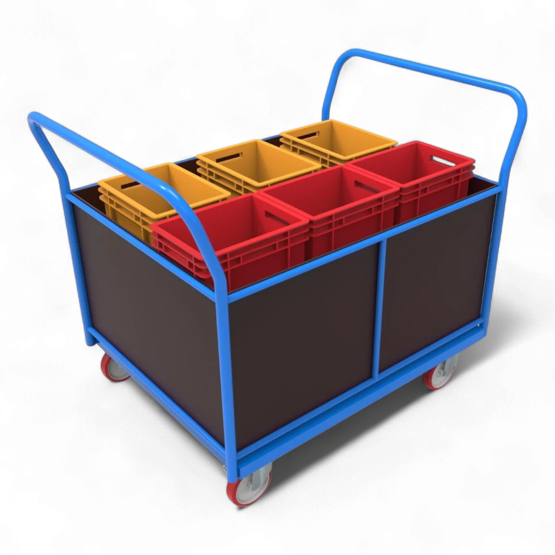 Vierwandwagen mit stabilen Holzwänden – Sicherer Transportwagen mit vier Seiten aus Siebdruckplatte für optimalen Ladungsschutz. Ideal für Lager und Industrie.