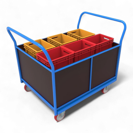 Vierwandwagen mit stabilen Holzwänden – Sicherer Transportwagen mit vier Seiten aus Siebdruckplatte für optimalen Ladungsschutz. Ideal für Lager und Industrie.